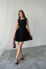 Siyah Mini Boy Büzgülü Keten Elbise - Görsel 2