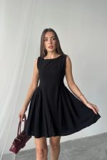Siyah Mini Boy Büzgülü Keten Elbise - Görsel 3