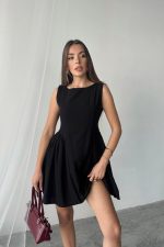 Siyah Mini Boy Büzgülü Keten Elbise - Görsel 4