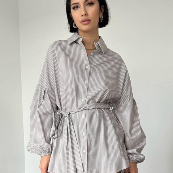 Kahverengi Çizgili Poplin Kuşaklı Gömlek