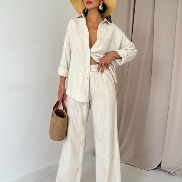 Bej Jakar Petek Gömlek Ve Pantolon Takım