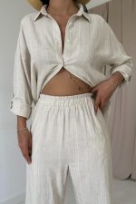 Bej Jakar Petek Gömlek Ve Pantolon Takım - Görsel 3