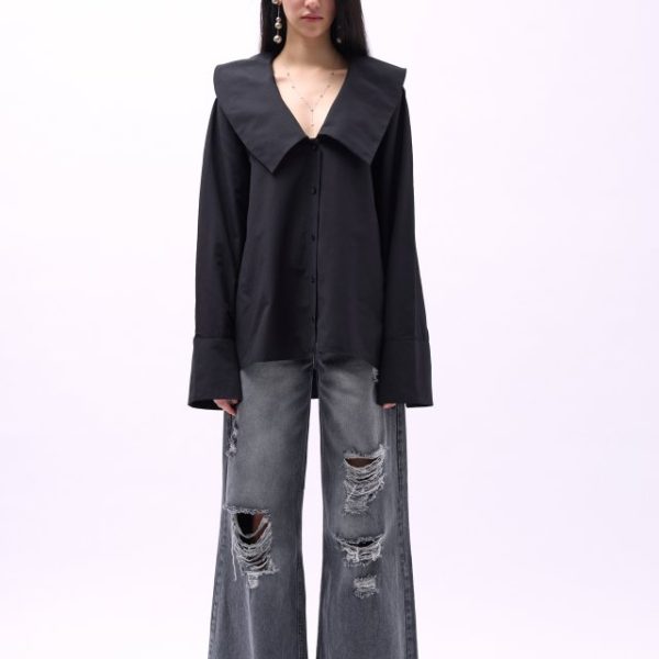 Geniş Yaka Volan Kol Gömlek