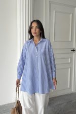 Mavi Çizgili Uzun Gömlek - Görsel 2