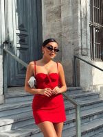 Kadın Omuz Askılı File Kumaş Likralı Mini Elbise