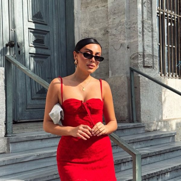 Kadın Omuz Askılı File Kumaş Likralı Mini Elbise