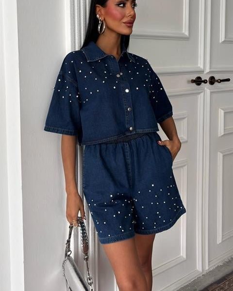 Taş Detaylı Gömlek Şort Denim Takım 10175