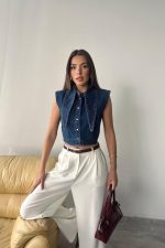 Mavi Yaka Detaylı Denim Crop - Görsel 3