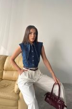 Mavi Yaka Detaylı Denim Crop - Görsel 4
