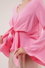 Ön Bağlamalı Volan Kol Pembe Bluz - Görsel 4