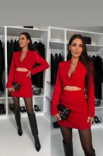 Kadın Atlas Kumaş Uzun Kollu V Yaka Blazer Kesim Göbek Dekolteli Mini Ceket Elbise - Görsel 4