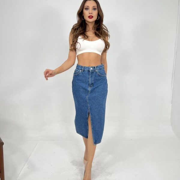 6478 DENİM MIDI SLIT SKIRT-MAVİ