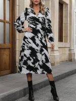 Kadın Uzun Kollu Kruvaze Yakalı Yandan Bağlamalı Desenli Mini Modal Elbise - Görsel 6