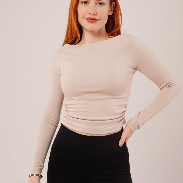 Yaka Detay Uzun Kollu Basic Krem Bluz