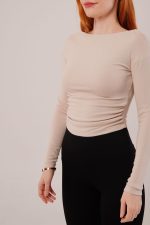 Yaka Detay Uzun Kollu Basic Krem Bluz - Görsel 3