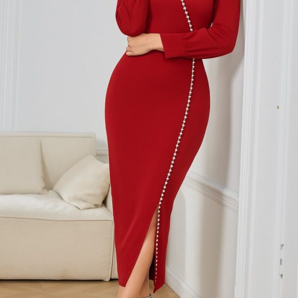 Kadın Uzun Kollu V Yakalı Yırtmaçlı Taşlı Uzun Ithal Krep Elbise