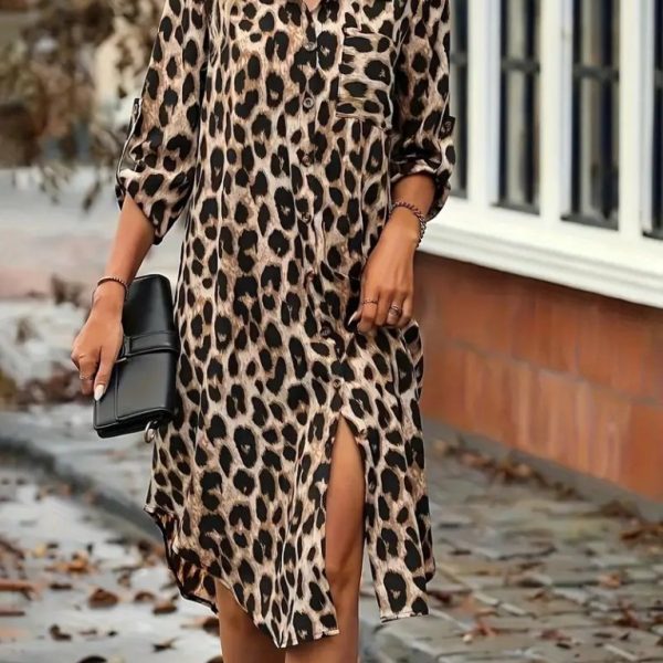 Kadın Uzun Kollu Yakalı önden Düğmeli Leopar Desenli Modal Midi Elbise