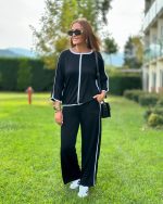 Kadın Bisiklet Yaka Truvakar Kol Biye Detay Bluz Ve Yüksek Bel Lastikli Pantolon Ikili Takım