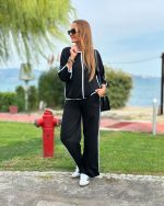 Kadın Bisiklet Yaka Truvakar Kol Biye Detay Bluz Ve Yüksek Bel Lastikli Pantolon Ikili Takım - Görsel 2