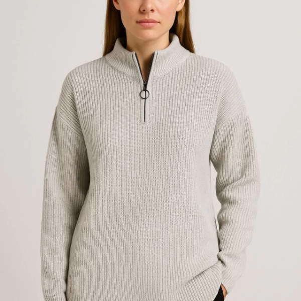 KADIN Yarım Fermuarlı Triko Kazak – Selanik Örgü, Dik Yaka, Pamuklu Dokuma, Oversize Uzun Kollu Kışlık Model