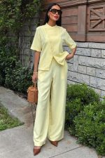 Hakim Yaka Çapraz Düğmeli Plazzo Pantolon Viscon Keten Takım 10209 - Görsel 5