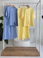 Hakim Yaka Çapraz Düğmeli Plazzo Pantolon Viscon Keten Takım 10209 - Görsel 10