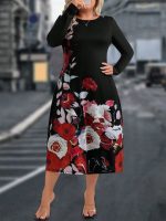 Kadın Uzun Kollu çiçek Baskılı Midi Mikro Elbise - Görsel 2