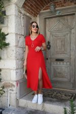 Kadın Kısa Kollu V Yaka Maxi Boy Elbise 124 Cm - Görsel 2