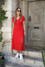 Kadın Kısa Kollu V Yaka Maxi Boy Elbise 124 Cm - Görsel 4