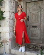 Kadın Kısa Kollu V Yaka Maxi Boy Elbise 124 Cm - Görsel 7