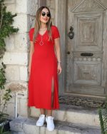 Kadın Kısa Kollu V Yaka Maxi Boy Elbise 124 Cm - Görsel 8