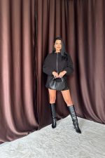 Siyah Kısa Önü Fermuarlı Bomber Ceket