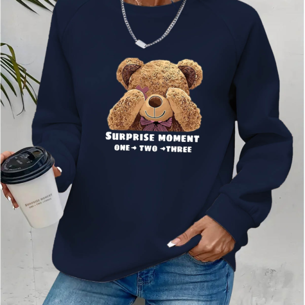 Kadın Uzun Kollu Bisiklet Yaka Ayıcık Desenli Viskon Iki Iplik Bluz