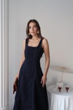 Lacivert Çift Dikişli Gabardin Elbise - Görsel 4