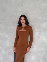 Kadın Uzun Kollu Halka Ve Pencere Dekolte Detay Fırsat ürün Midi Boy Elbise - Görsel 4