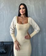 Kadın Kare Yaka Kolları Manşet Ve Tül Detay Fırsat ürün Midi Boy Elbise - Görsel 2