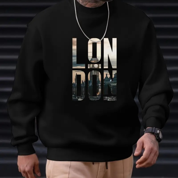 Erkek Uzun Kollu Bisiklet Yaka London Logo Baskılı Iki Iplik Bluz