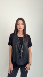 Kadın Kısa Kollu Yuvarlak Yaka Viskon Bluz + Kolsuz Fermuarlı çatlak Deri Yelek - Görsel 2