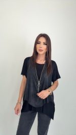 Kadın Kısa Kollu Yuvarlak Yaka Viskon Bluz + Kolsuz Fermuarlı çatlak Deri Yelek - Görsel 3
