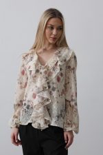 Volanlı Çiçek Desen Şifon Gömlek