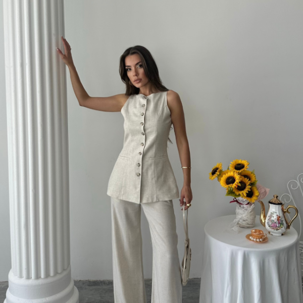 KETEN YELEK - PANTOLON TAKIM - Taş
