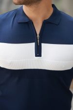 Erkek Fermuar Yakalı şerit Renk Desenli Kısa Kollu Tişört - Görsel 3
