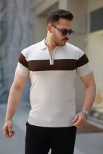 Erkek Fermuar Yakalı şerit Renk Desenli Kısa Kollu Tişört