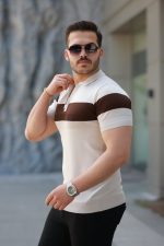 Erkek Fermuar Yakalı şerit Renk Desenli Kısa Kollu Tişört - Görsel 2