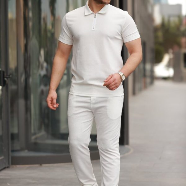 Erkek Yakalı Fermuarlı T-shirt Pantolon Ikili Rahat Takım
