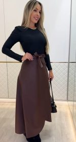 Kadın Belden Kuşaklı Uzun Deri Etek - Görsel 3