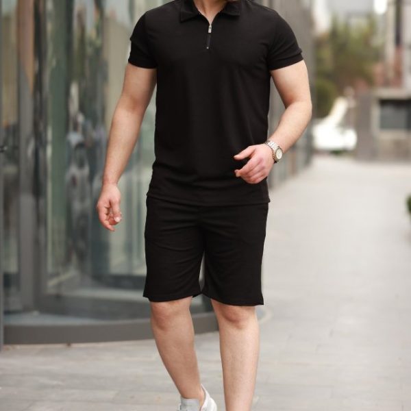 Erkek Yakalı Fermuarlı T-shirt şort Ikili Takım