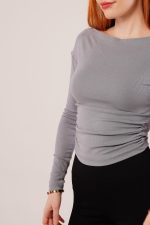 Yaka Detay Uzun Kollu Basic Gri Bluz - Görsel 3