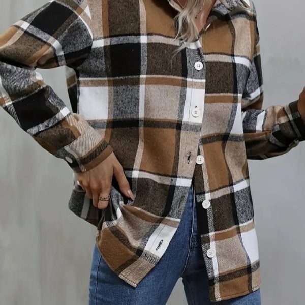 Kadın Uzun Kollu Kare Desenli önden Düğmeli Dokuma Gömlek