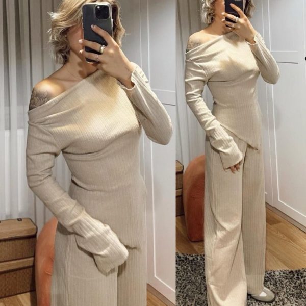 Kadın Uzun Kollu Omuzlardan Açık Asimetrik Kesim Kaşkorse Bluz Ve Pantolon Ikili Pantolon